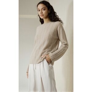 Lilysilk Semi Sheer Cable Knit Cashmere Crew Neck Sweater Luxury Beige Size S